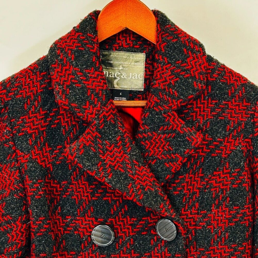 Mac & Jack Plaid Wool Blend Peacoat Sz 6 Red Black Double Breasted Lined Jacket - Picture 3 of 14